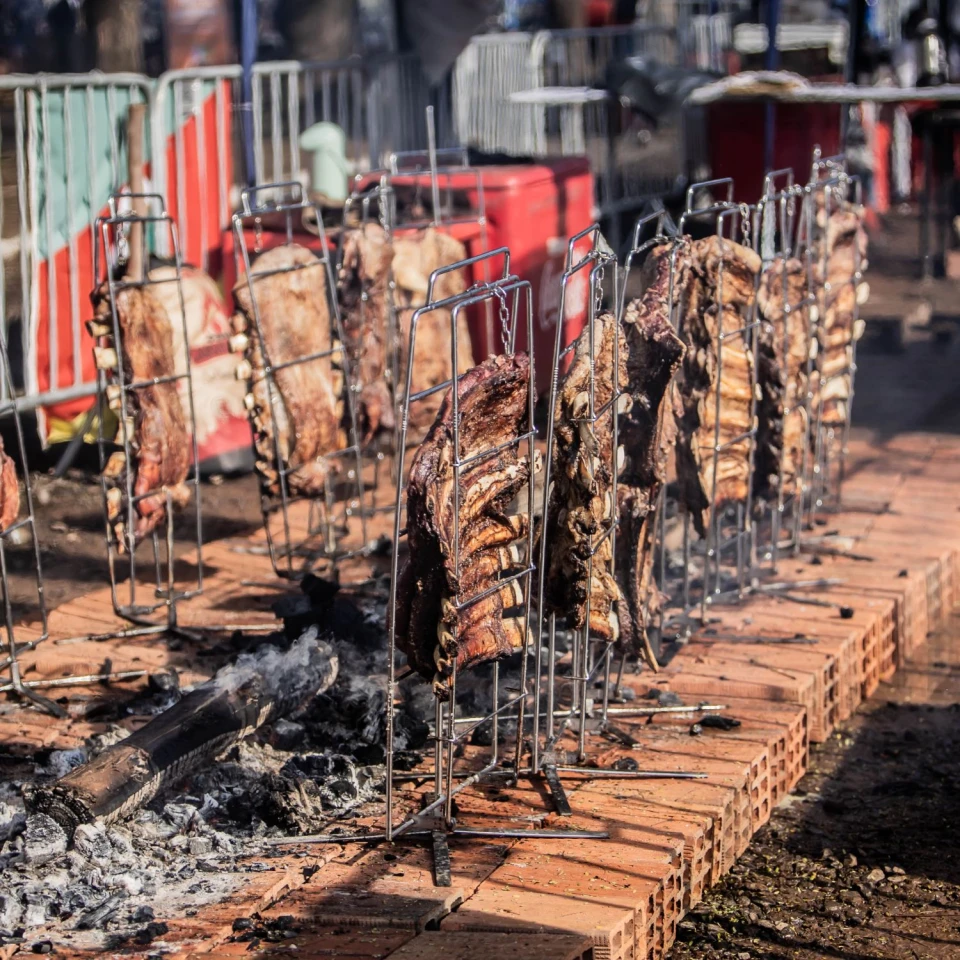 Fileira de costelas em grelhas verticais assando no fogo de chão